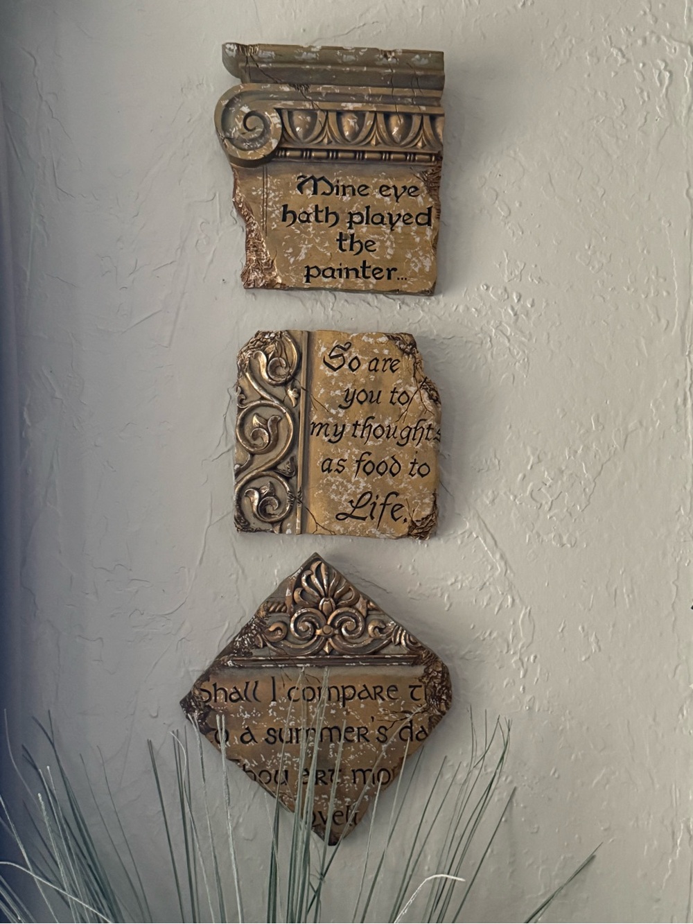 Shakespeare Quote gilded faux-stone architectural Wall Plaques Set of 3